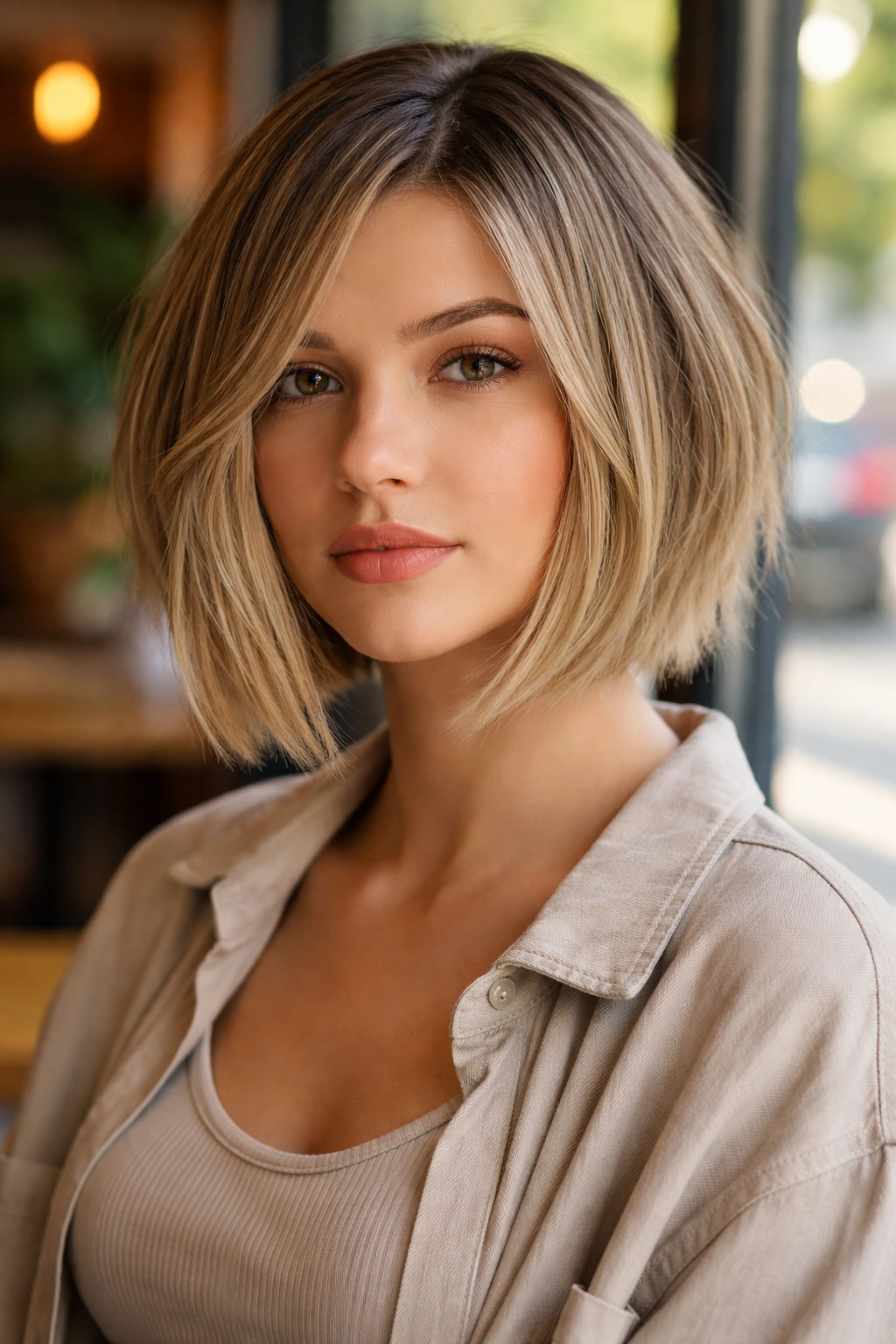 Close-up portrait of a real woman with a soft A-line bob and shattered ends.
