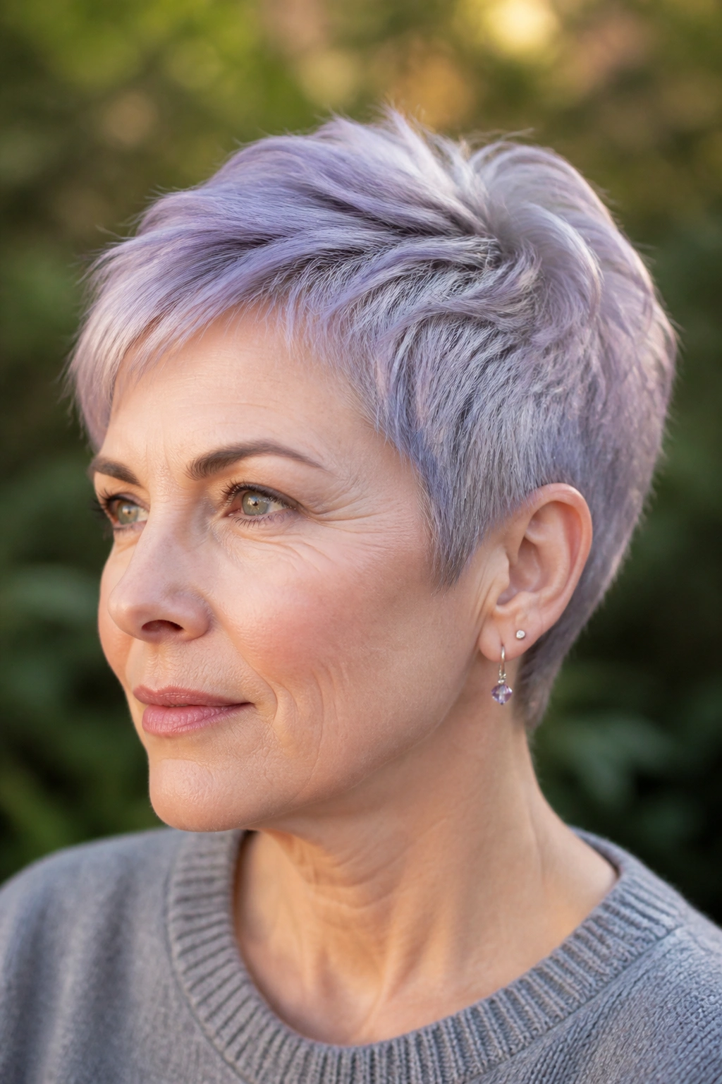 Close-up of person with soft amethyst wash on natural grey cropped hair.