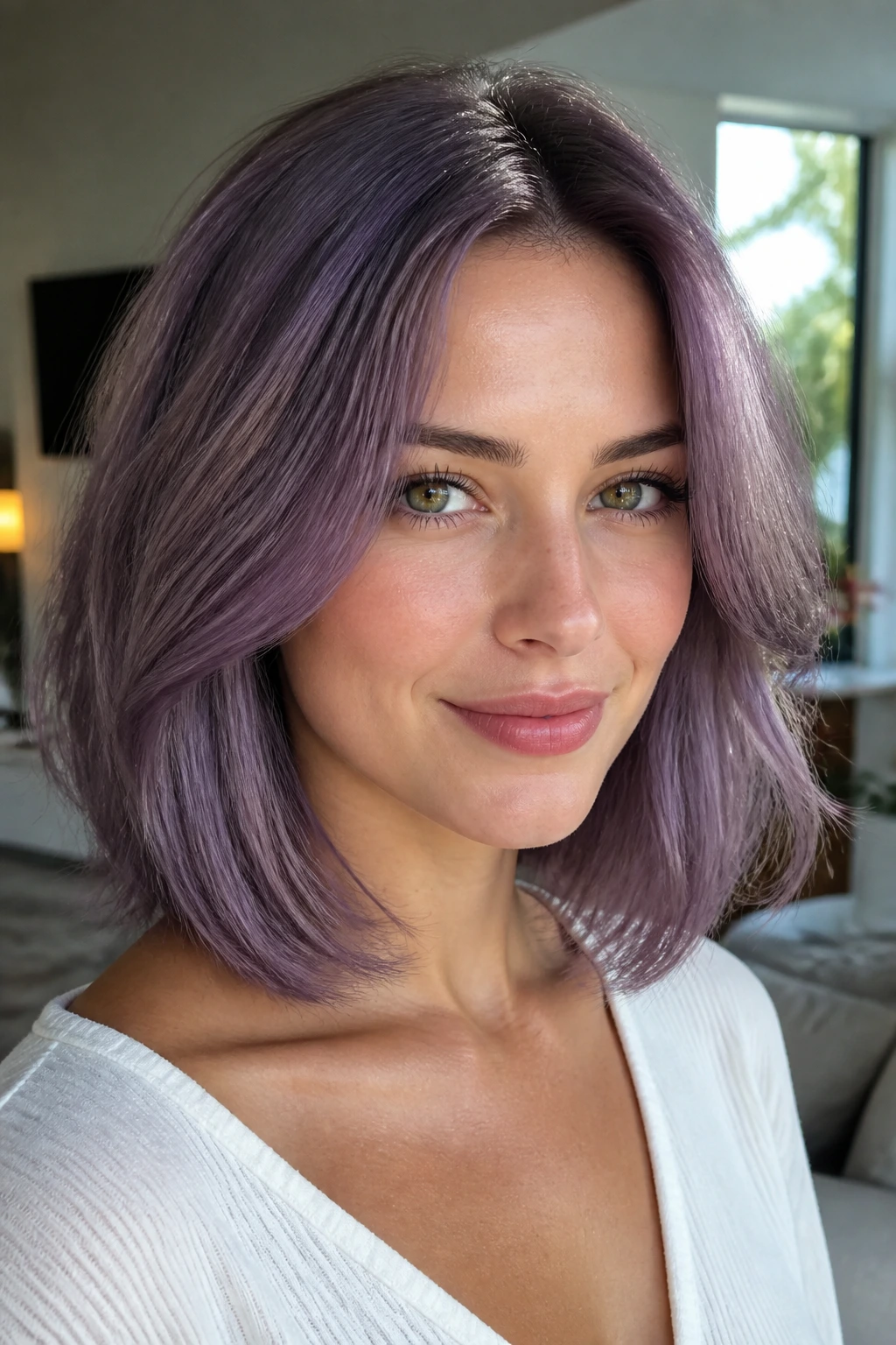 Portrait of a real woman with soft amethyst lob and invisible layers