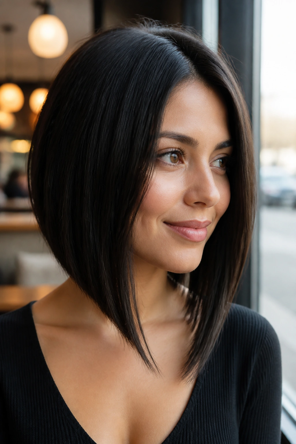 Close-up of a real person with a soft angled lob longer in front