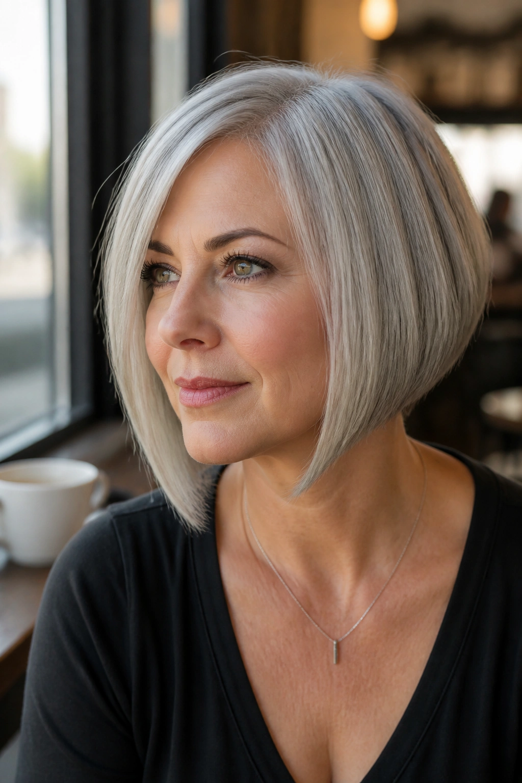 Close-up portrait of a real woman with a soft angled silver bob in natural daylight