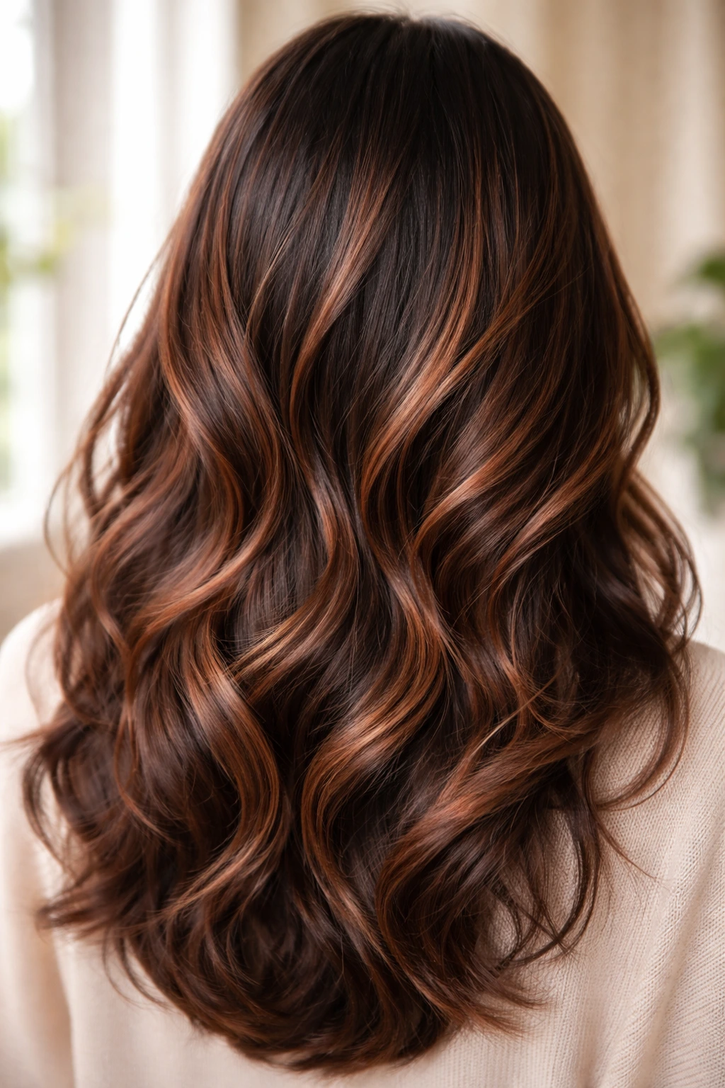 Close-up of dark brown hair with soft apricot accents