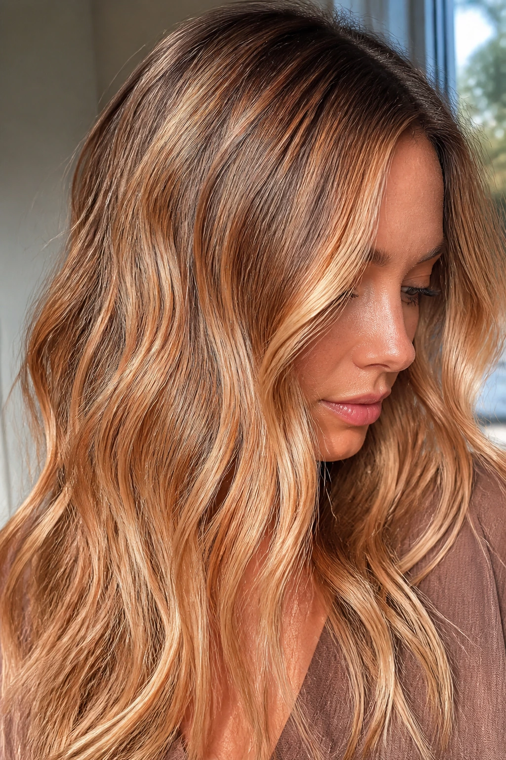 Close-up of a real woman with light brown hair and soft apricot balayage highlights