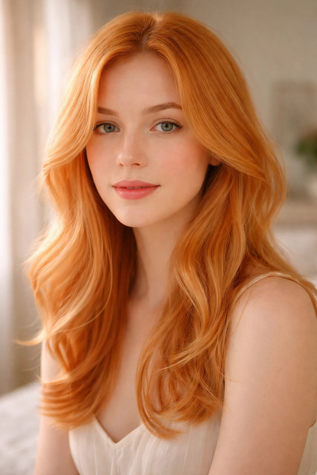 Close-up portrait of a person with soft apricot ginger hair in natural window light