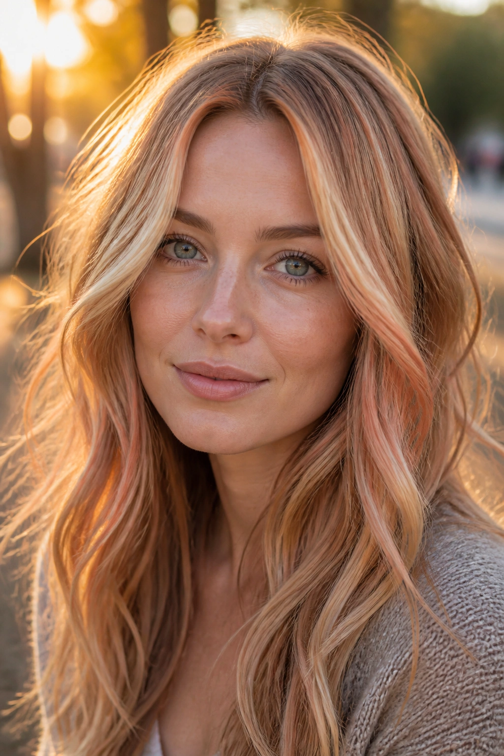 Portrait of a woman with soft apricot ribbon highlights in blonde hair during golden hour