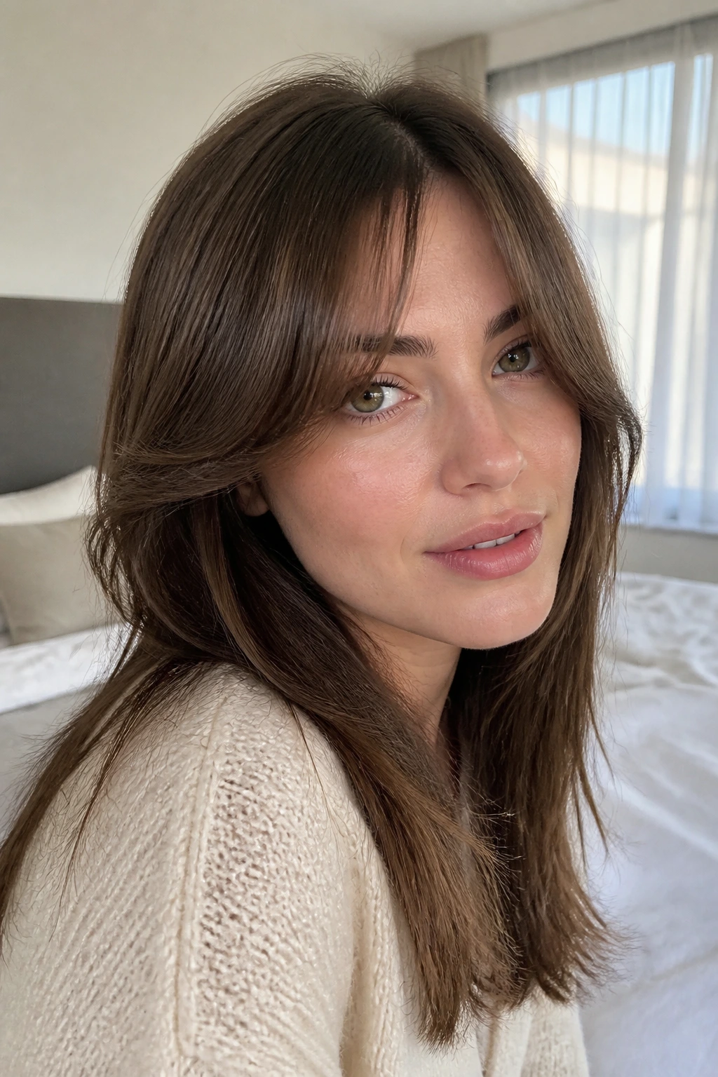 Close-up of a real woman with soft arc long bangs