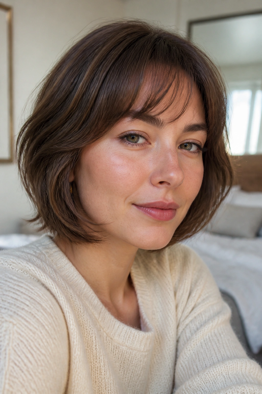 Close-up portrait of a woman with soft arched bangs following the brow line in natural window light