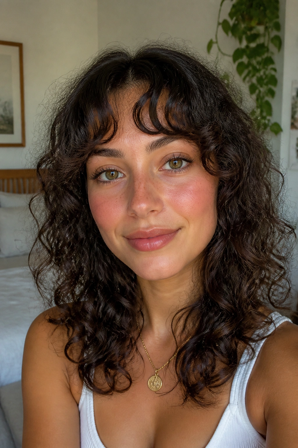 Close-up of a real woman with soft arched bangs and lifted center
