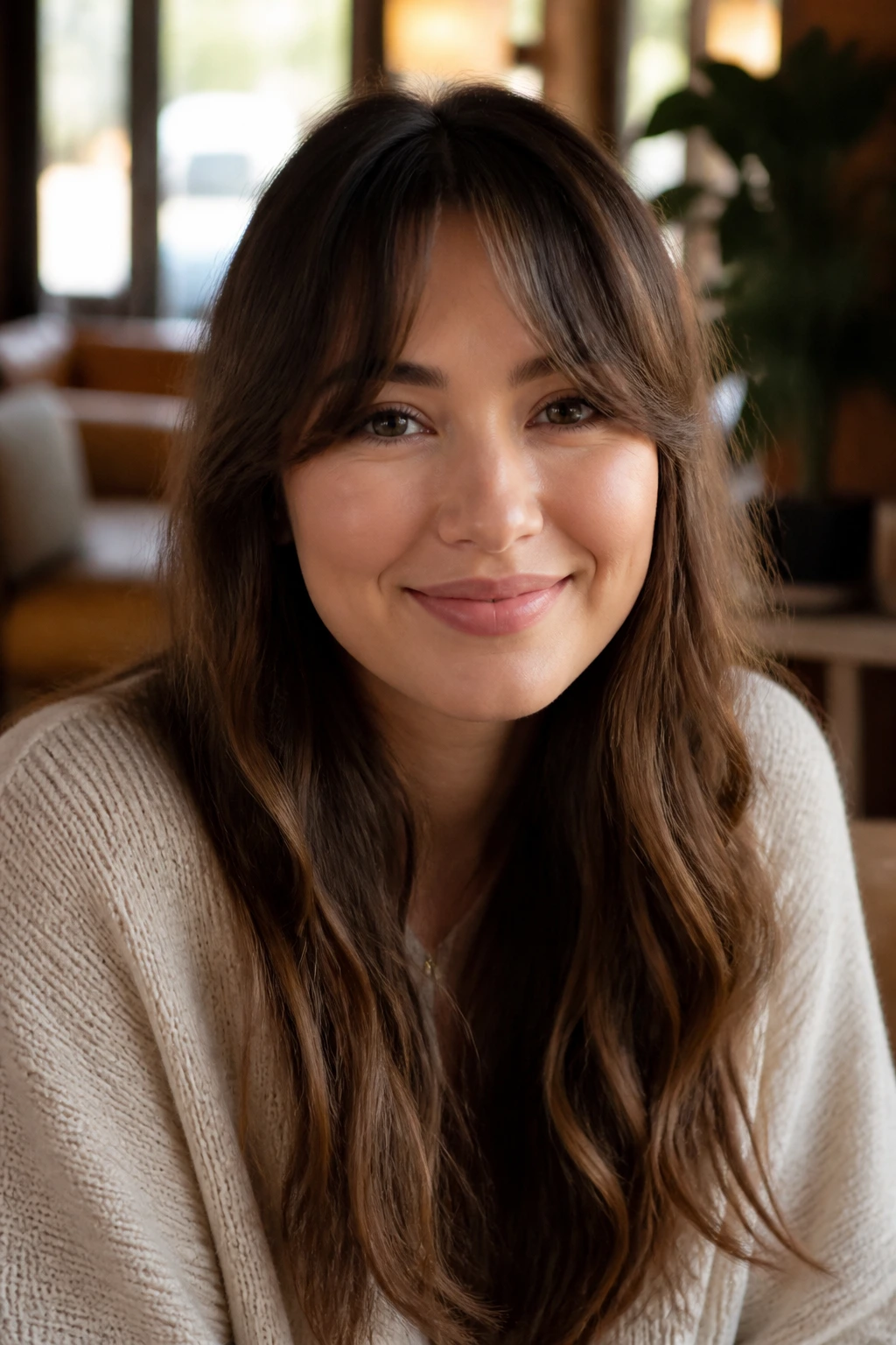 Portrait of a real woman wearing soft arched bangs under natural daylight
