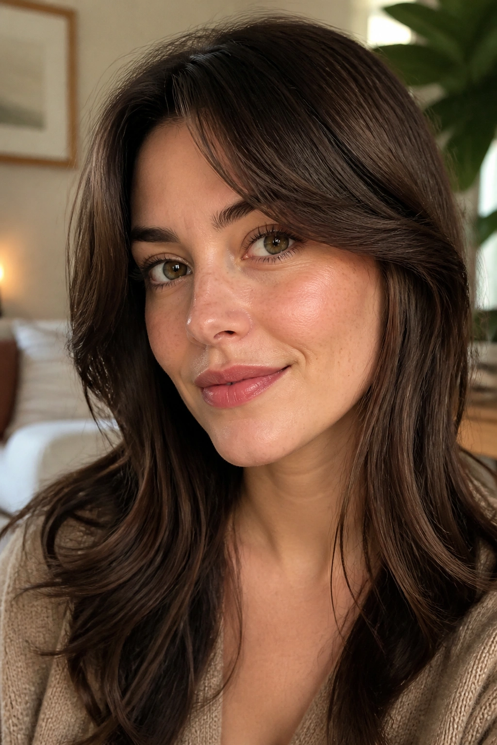 Close-up portrait of a woman with soft arched side bangs opening the brow in natural light