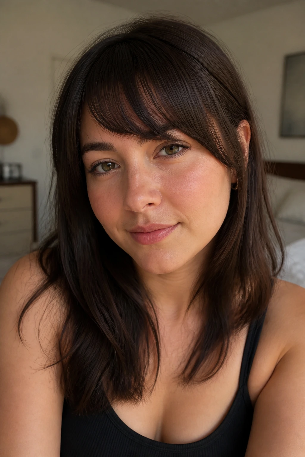 Close-up portrait of a real woman with soft arched bangs and a shorter side, natural window light.