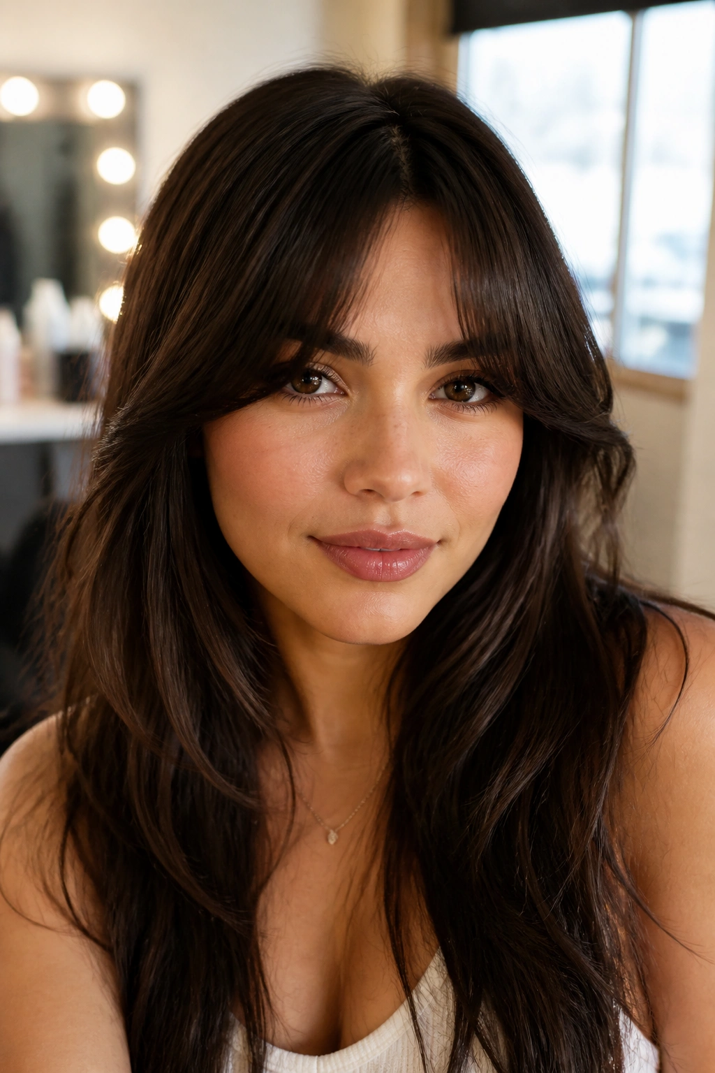 Close-up of a person with a soft arched feathered fringe under natural window light.