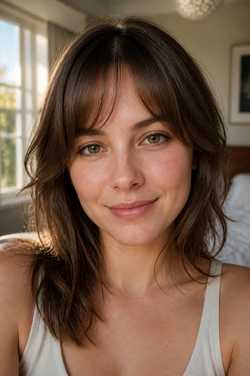 Close-up of a person with a soft arched fringe framing the forehead