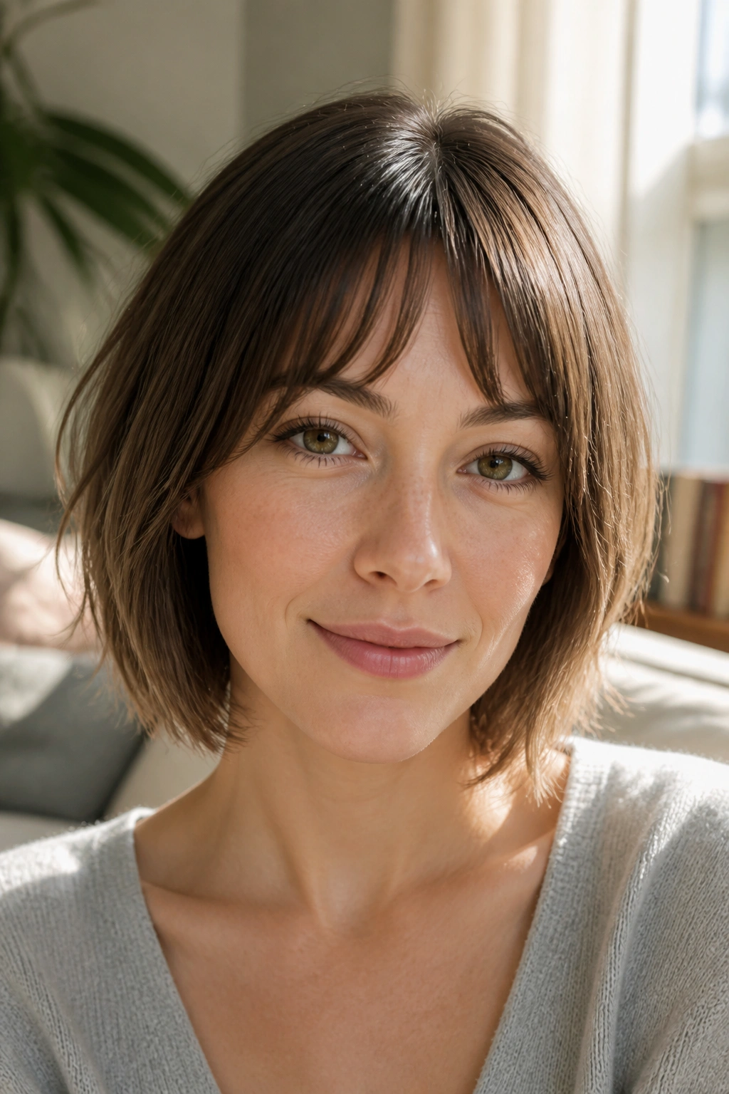 Portrait of a woman with soft arched fringe in sunlit room