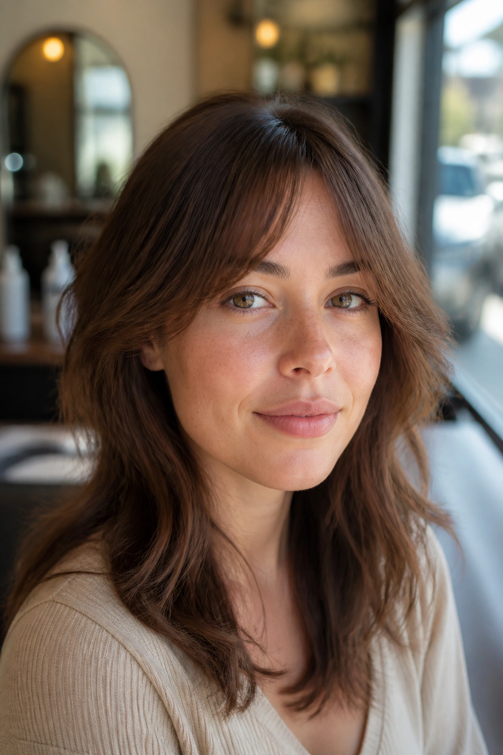 Close-up of a soft arched fringe on a real person