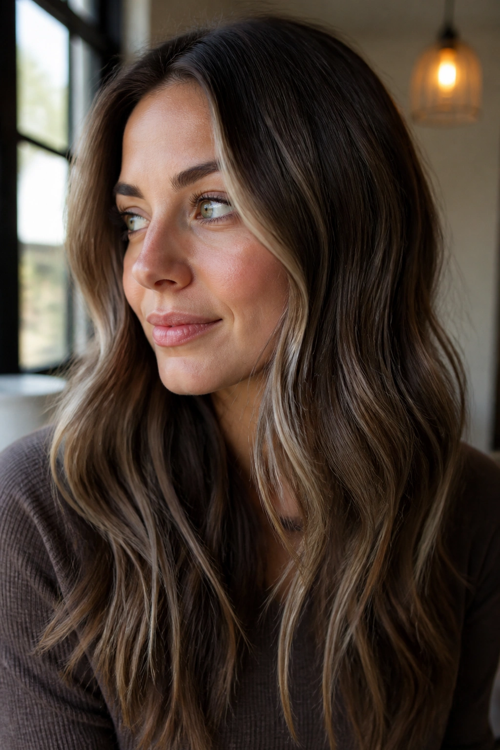 Close-up of a real woman showing soft ash babylights on dark brown hair in natural light