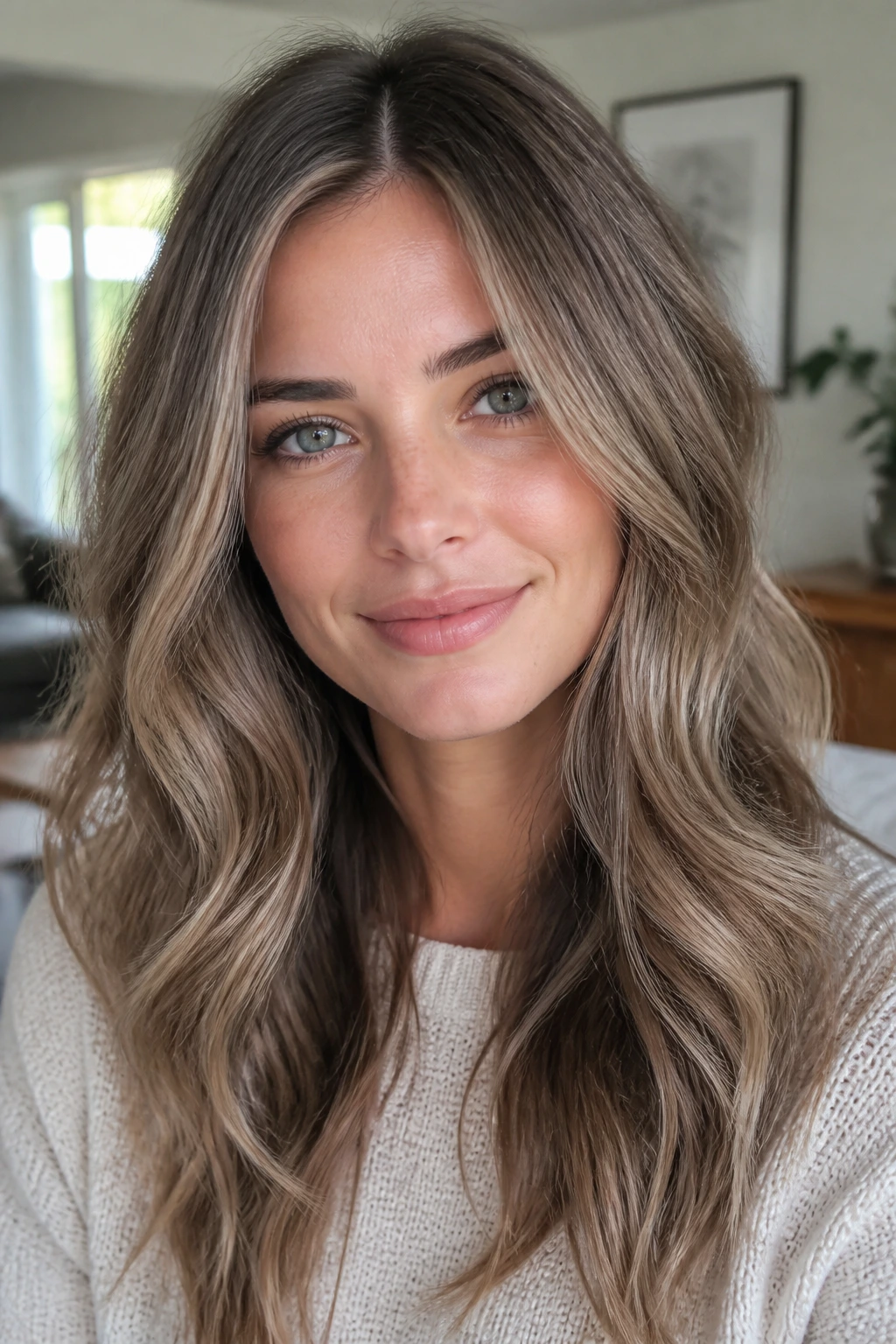 Close-up of a real person with soft ash bronde and a sheer cool gloss