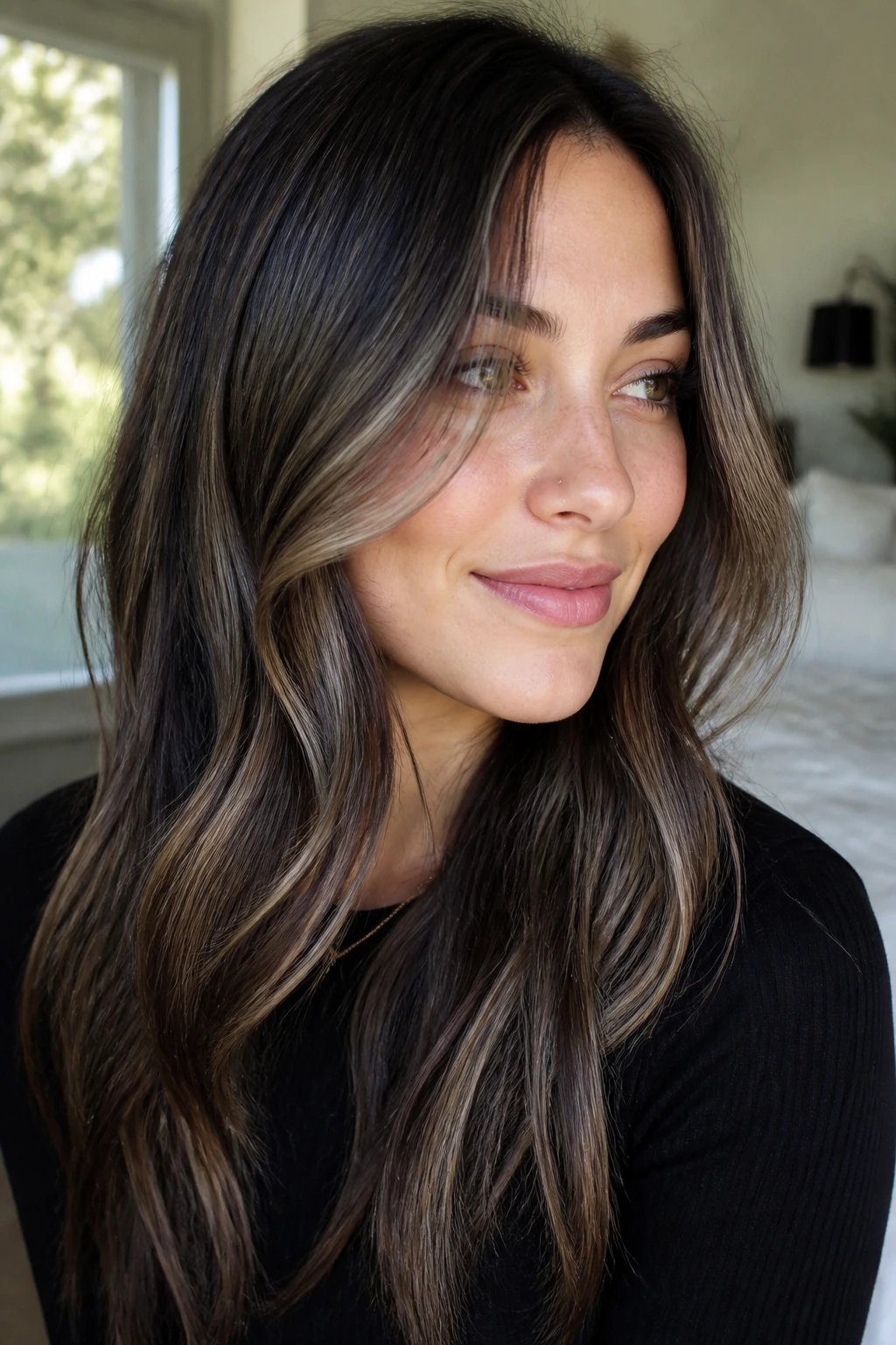 Close-up portrait of a real woman with soft ash highlights on dark hair