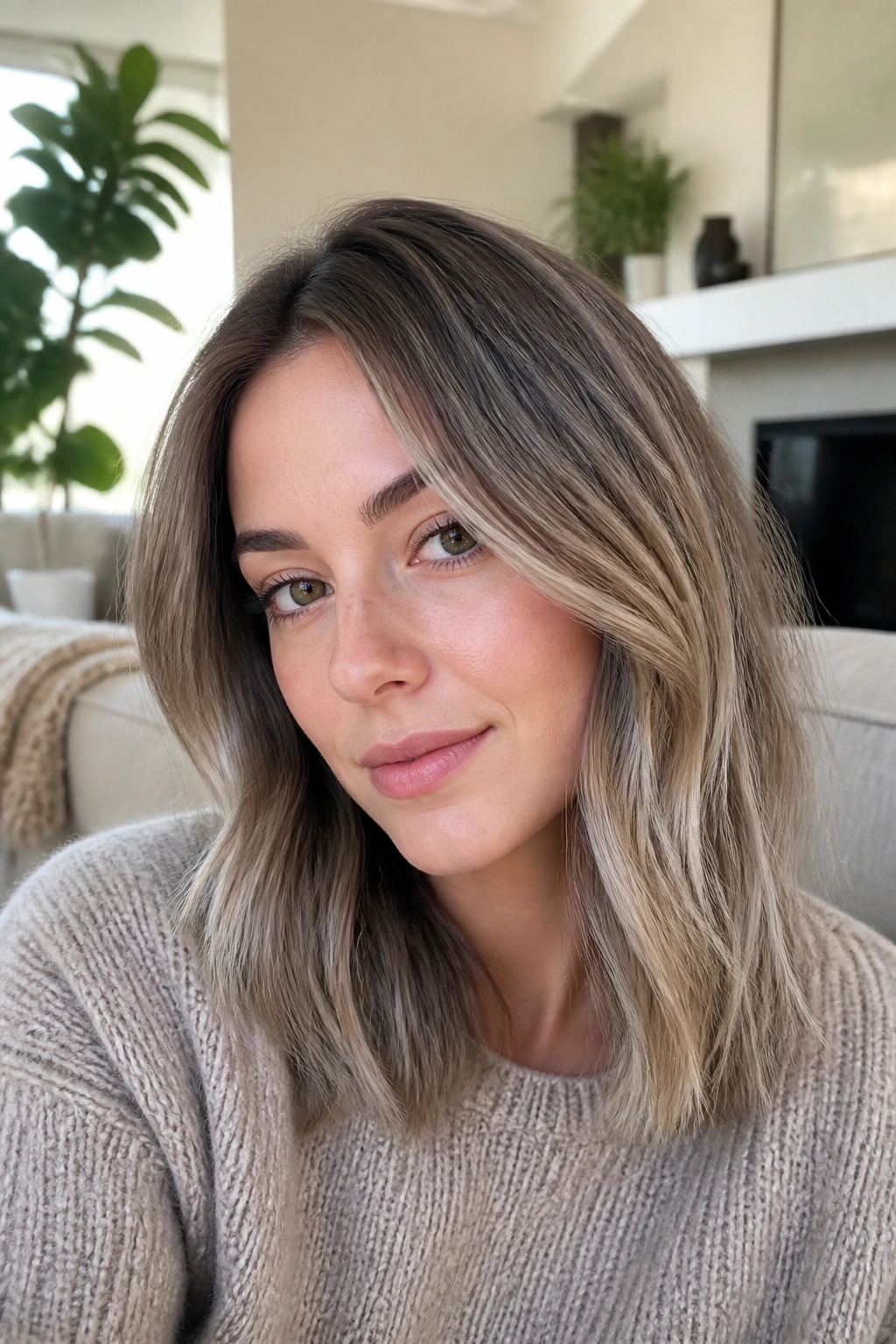 Close-up of soft ash melt hair color on a real woman with cool ash beige tones from root to tip.