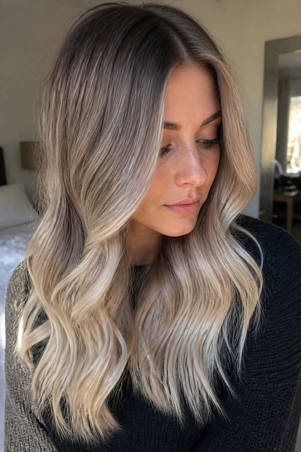Close-up of hair showing a melted soft ash ombré with dark roots transitioning to pale ash ends.