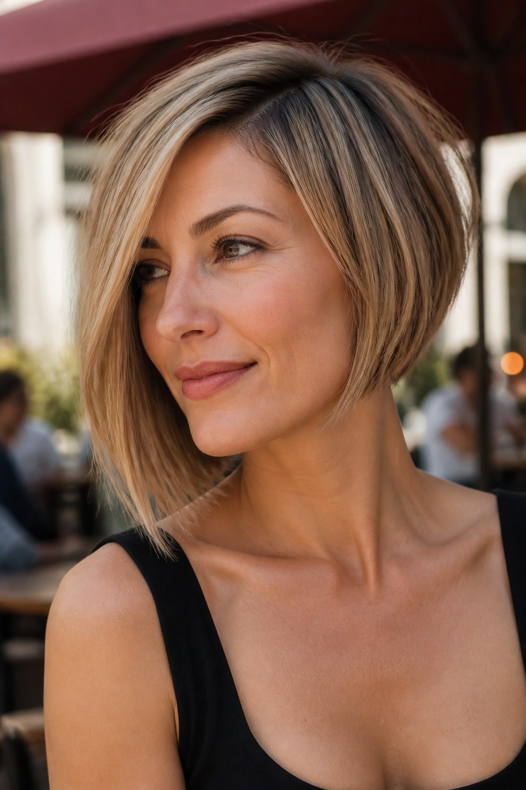 Portrait of a real woman with a soft asymmetrical bob in natural light