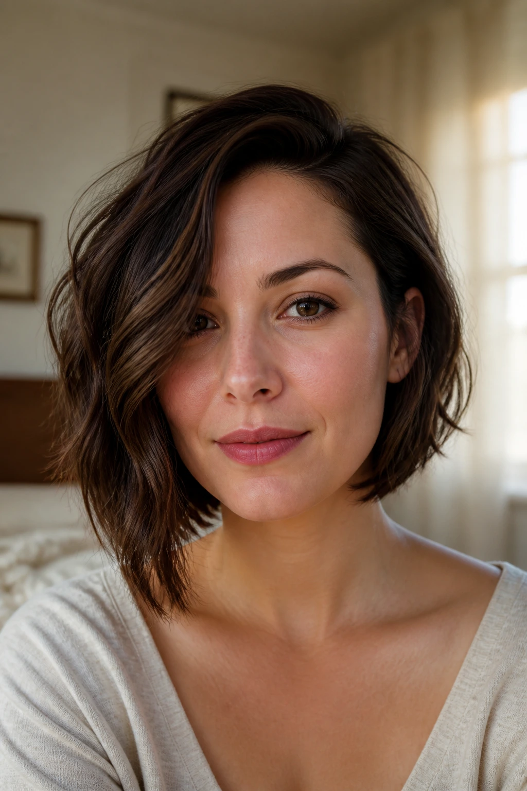 Close-up portrait of a real woman with a soft asymmetrical bob in warm bedroom light