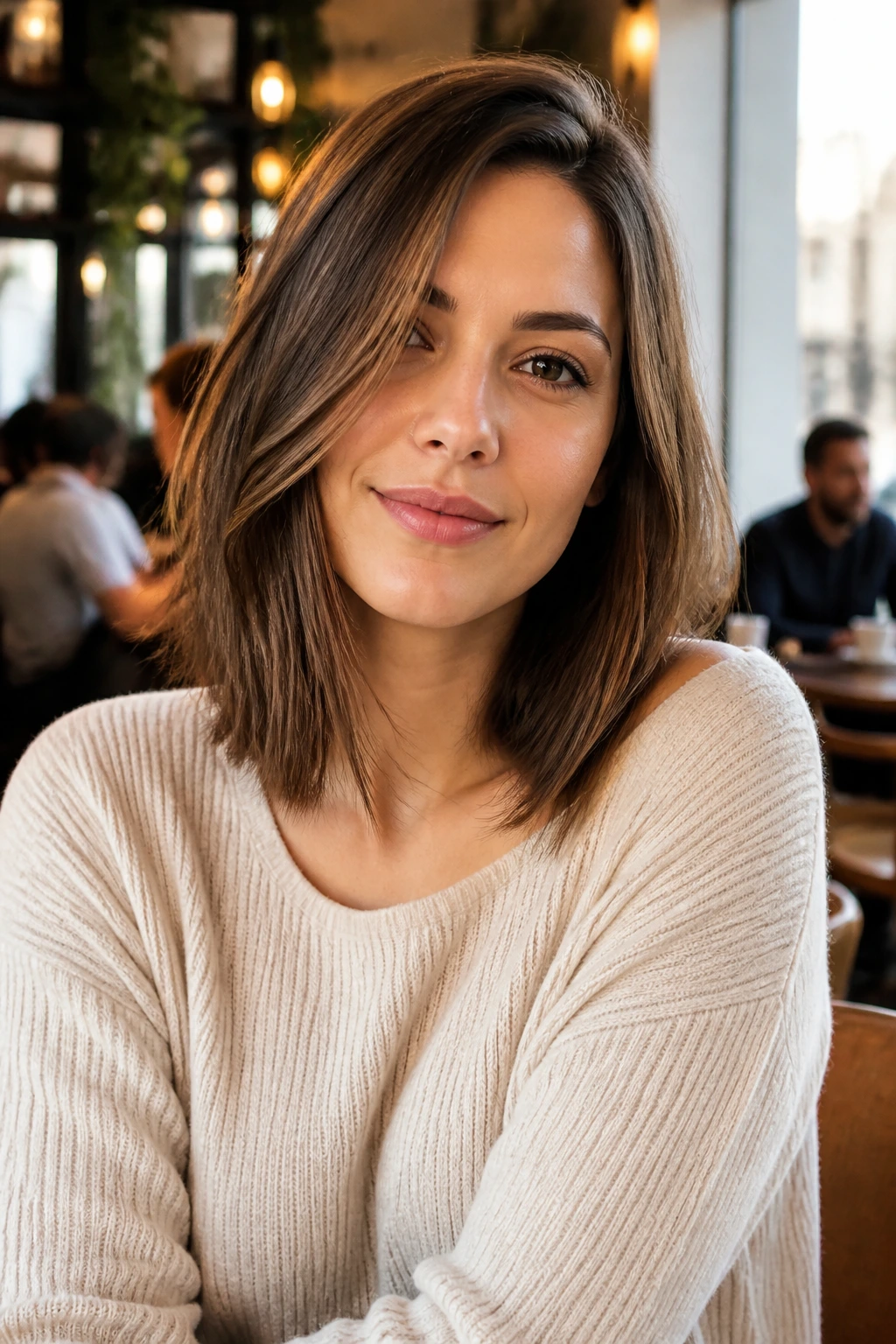 Close-up of a real person with a soft asymmetrical lob showing a subtle diagonal line.