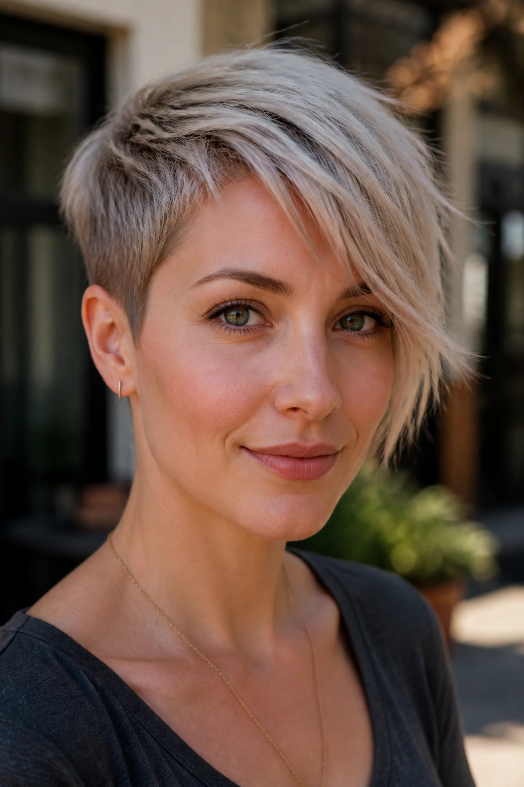 Portrait of a real woman with a soft asymmetrical pixie feathered longer side