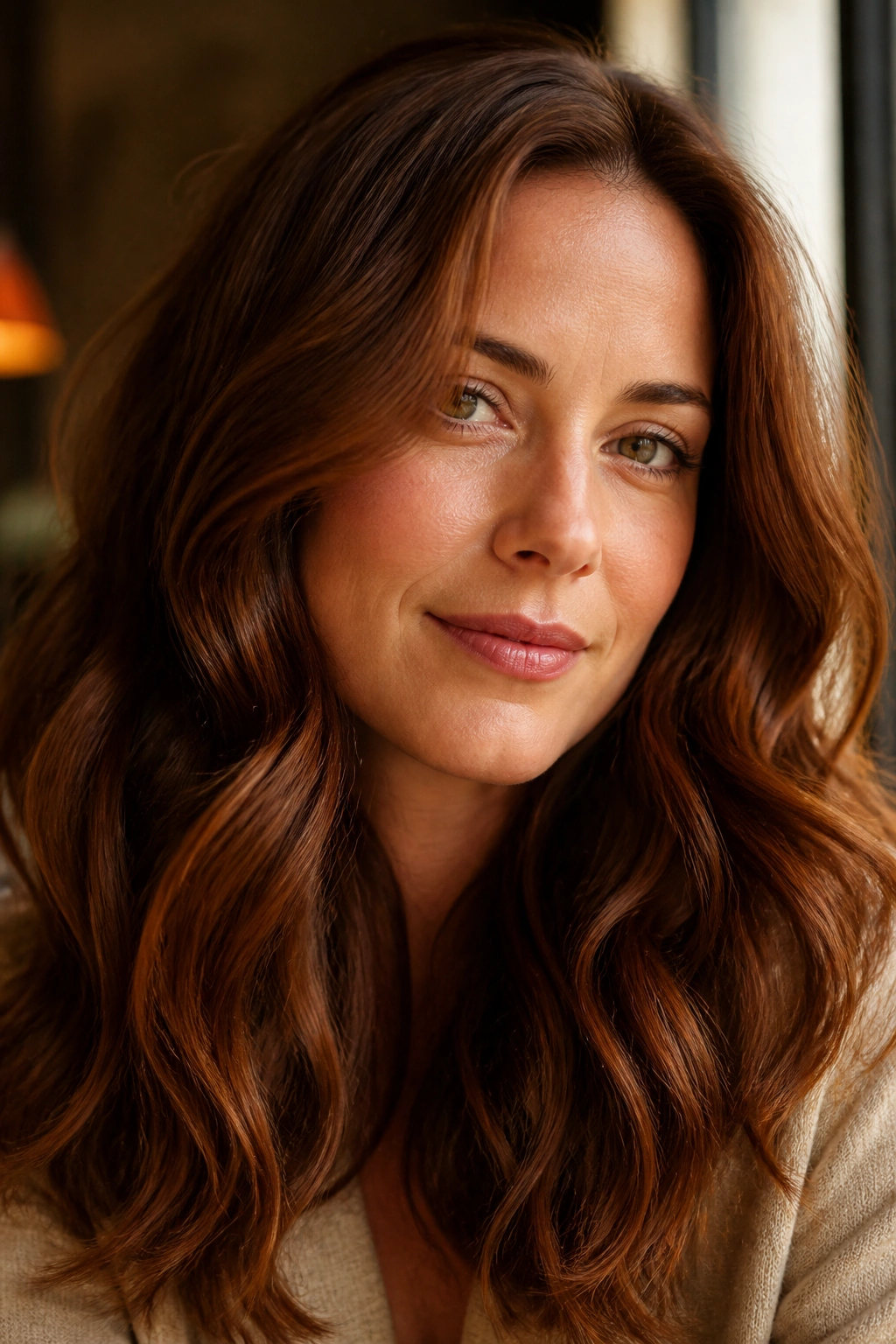 Close-up of a real woman with soft auburn brown wavy hair catching warm indoor light