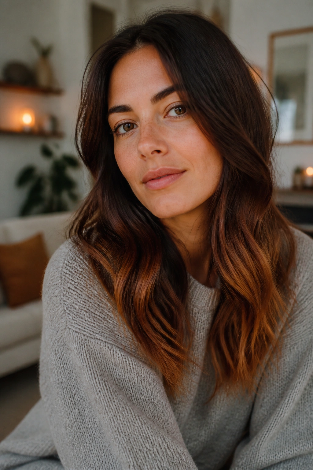 Close-up portrait with brown roots transitioning to soft auburn ends in warm light.