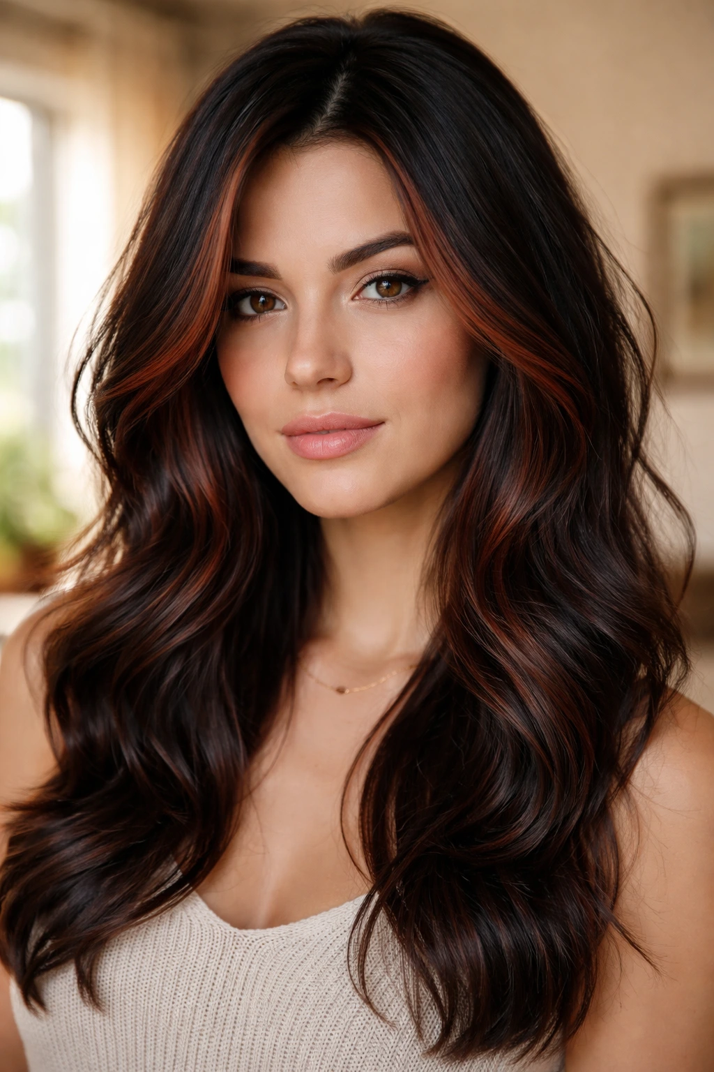 Close-up of a real woman with soft auburn face-framing highlights around the face
