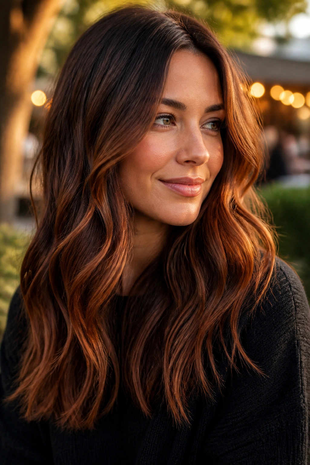 Brunette with soft auburn fade, close-up portrait in warm outdoor light.