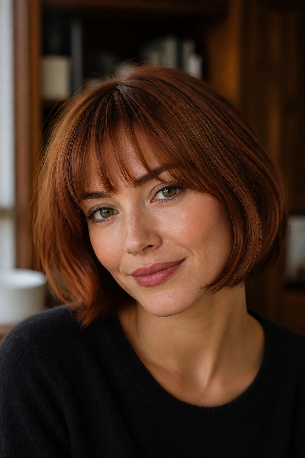Real woman with soft auburn French bob and wispy fringe in warm light.