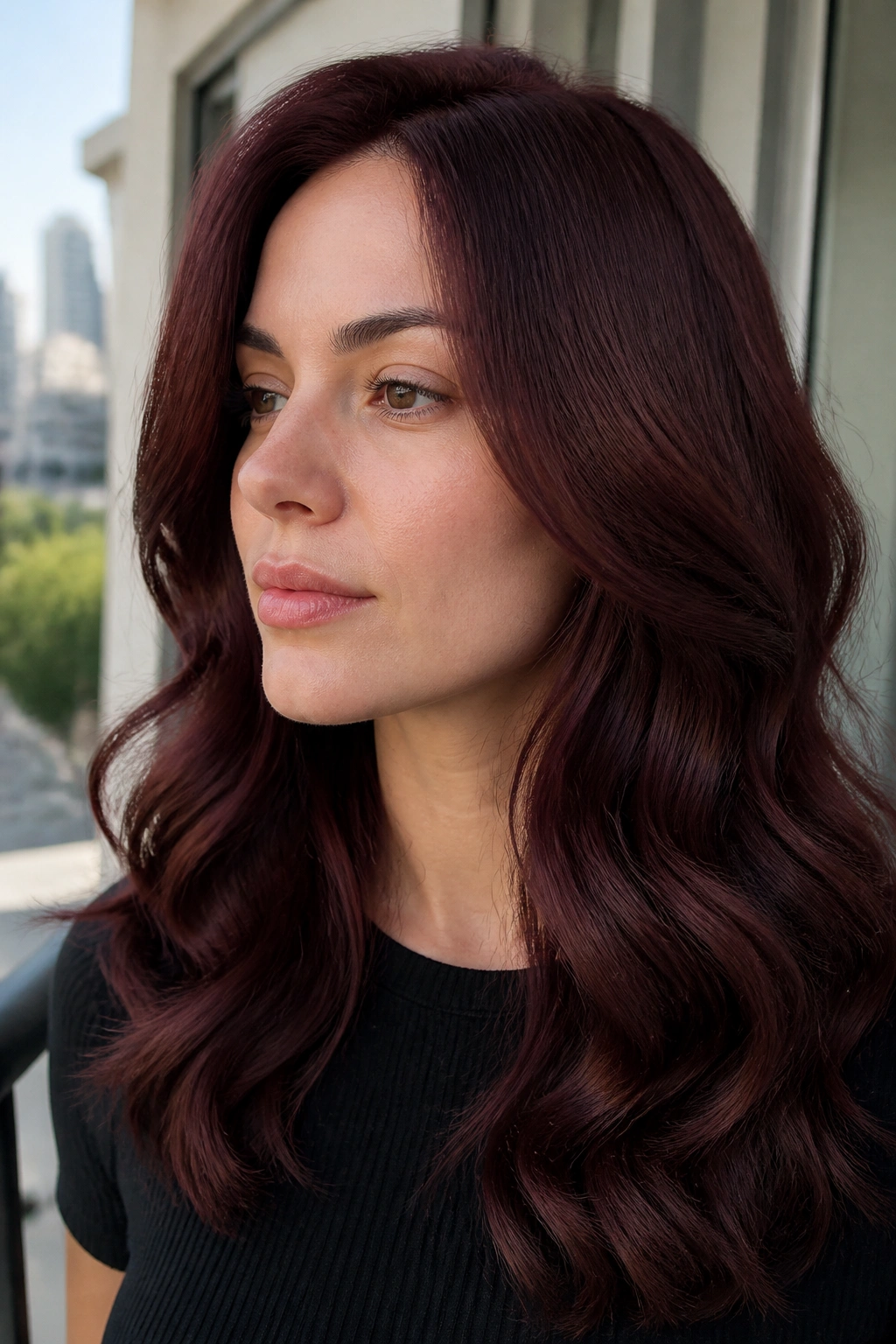 Close-up of a real woman with soft auburn mahogany hair in shoulder-length waves.