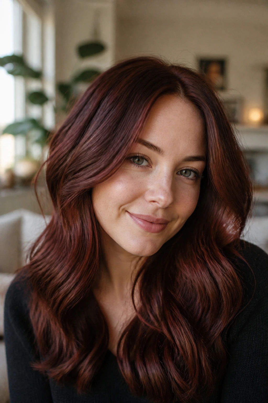 Close-up of real woman with soft auburn-mahogany hair on cool skin