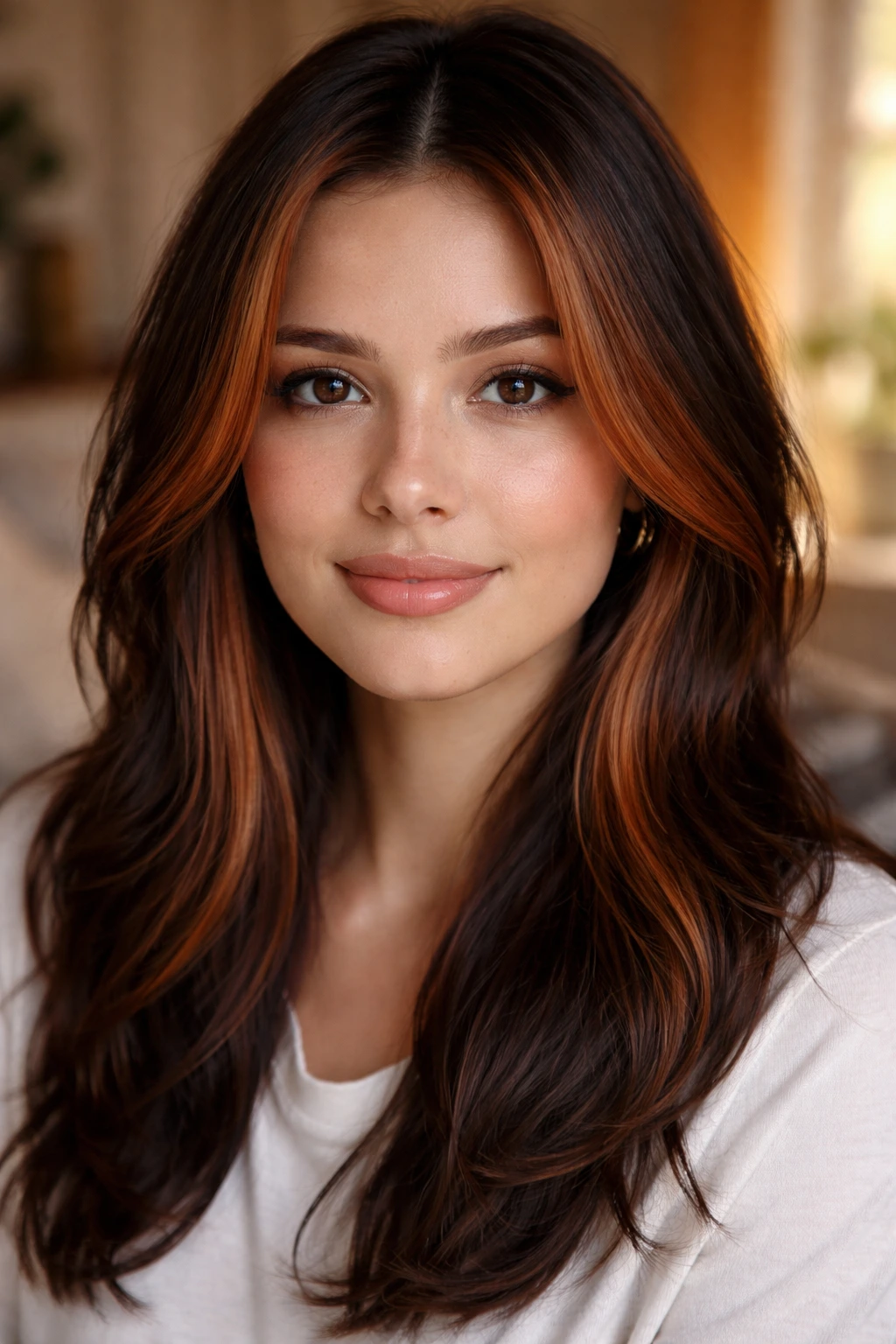 Close-up portrait of a real woman with soft auburn money piece framing the face in warm window light.