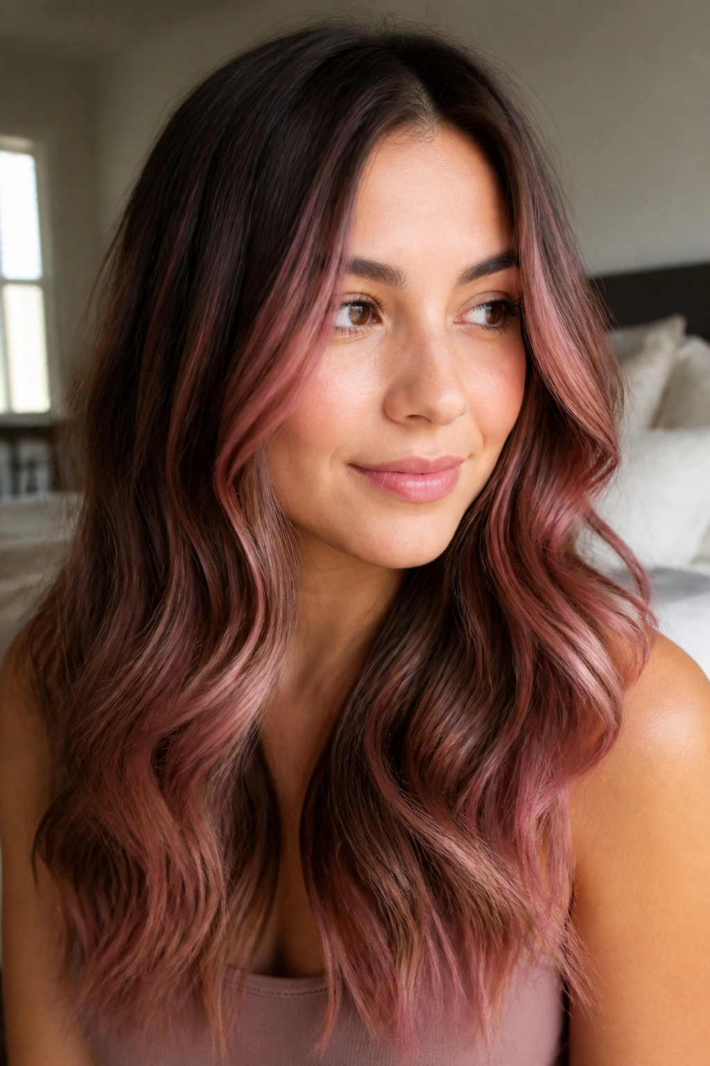 Close-up portrait of woman with soft red-pink balayage on medium brown hair in warm natural light