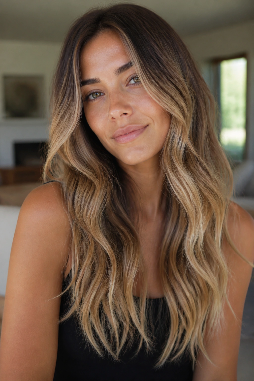 Close-up of a real woman with soft balayage ombré and lived-in ends in natural daylight.