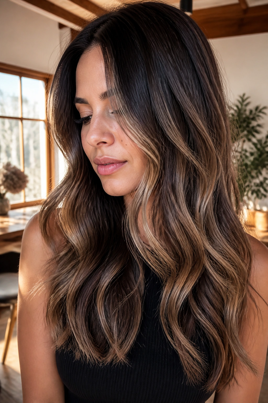 Close-up portrait showing soft balayage ribbons through brunette lengths