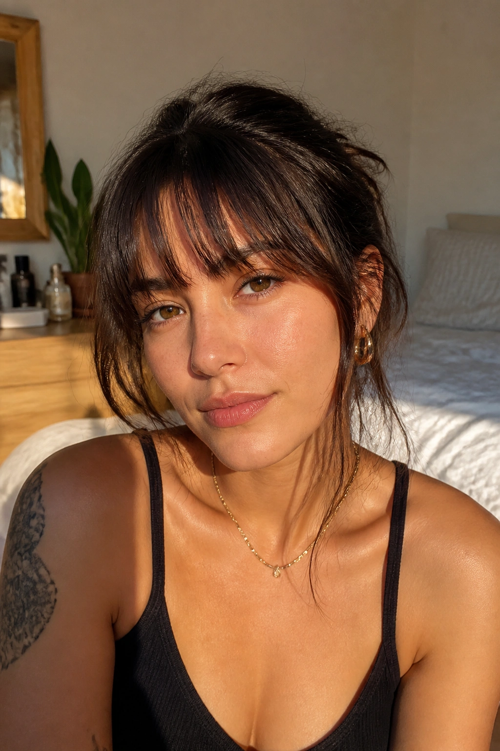 Close-up of a real woman with soft piecey eyebrow-grazing bangs in warm window light