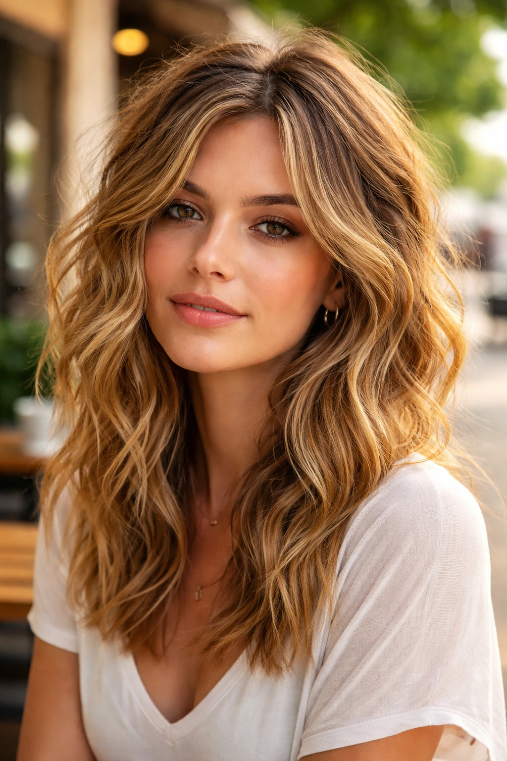 Close-up portrait of a real woman with soft beach waves and varied texture.