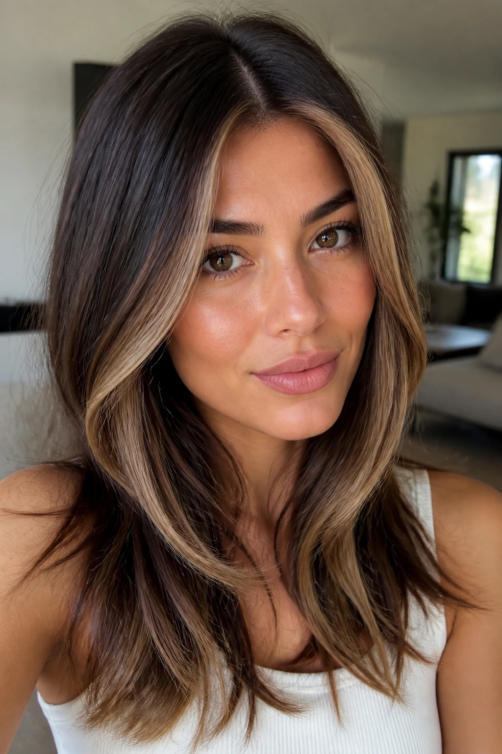 Real woman with soft beige brunette balayage and face-framing pieces