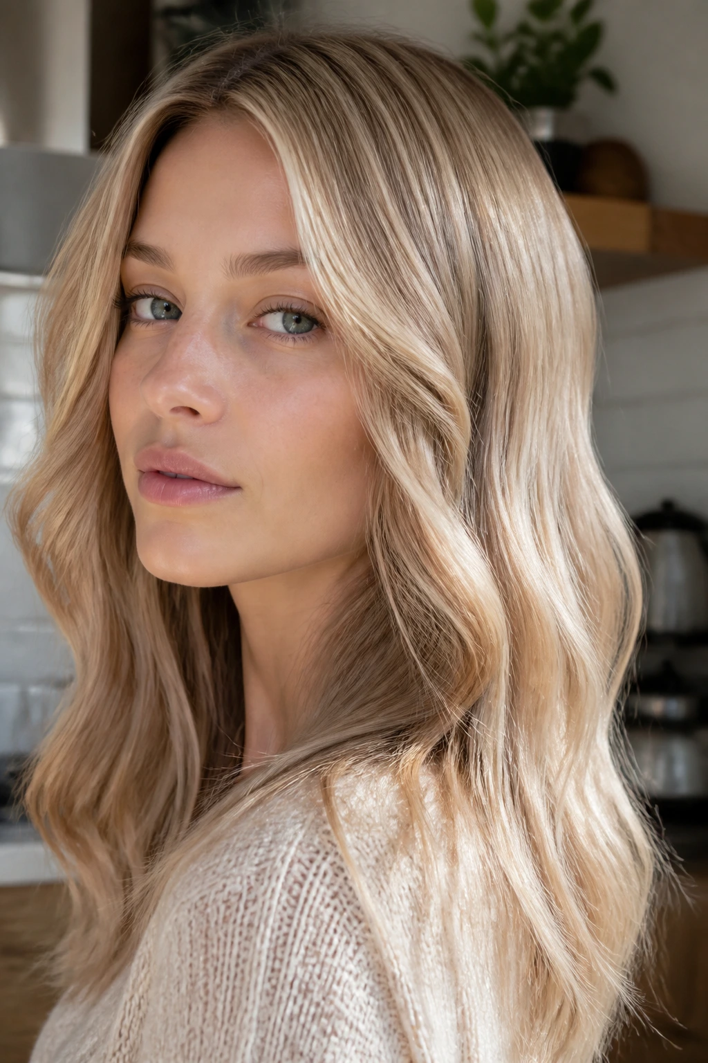 Close-up portrait of a real woman with soft beige blonde gloss and glossy shine