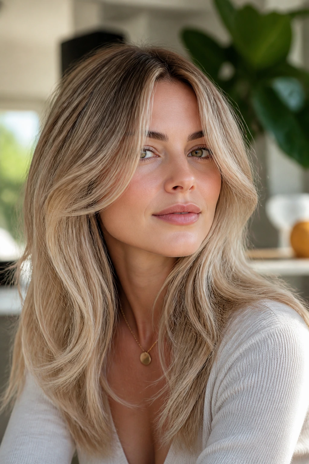 Close-up of a real woman with soft beige blonde and layered face-framing pieces.