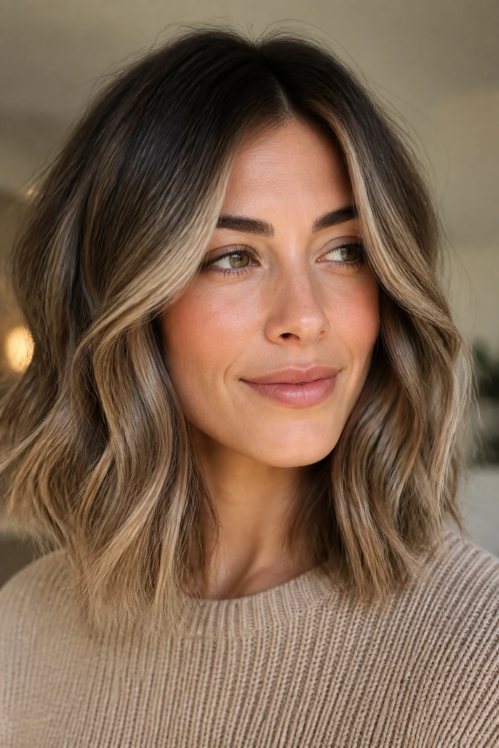 Close-up of a woman with soft beige bronde hair in natural light