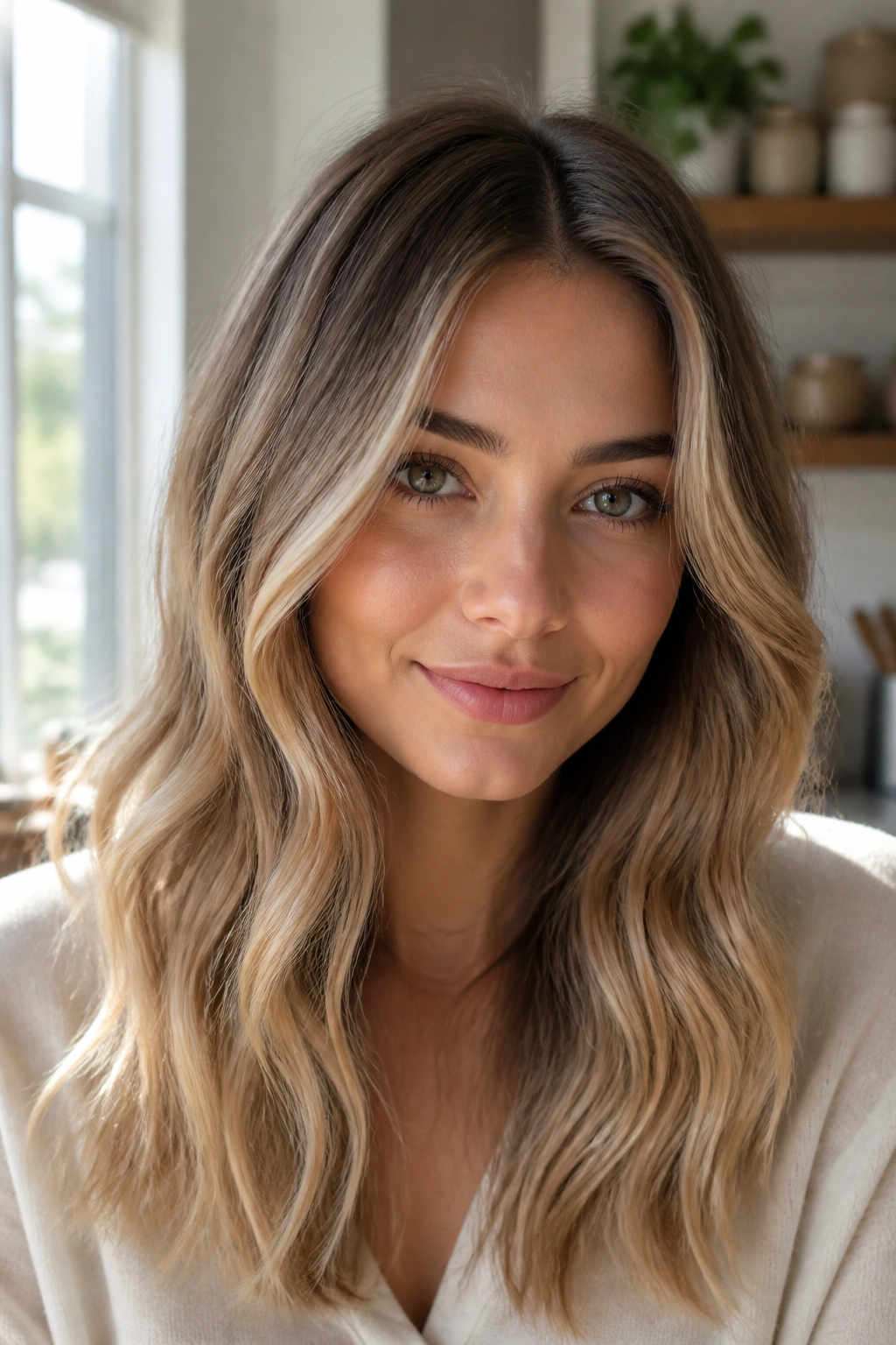 Close-up portrait of a real woman with soft beige melt blonde and airy ends.