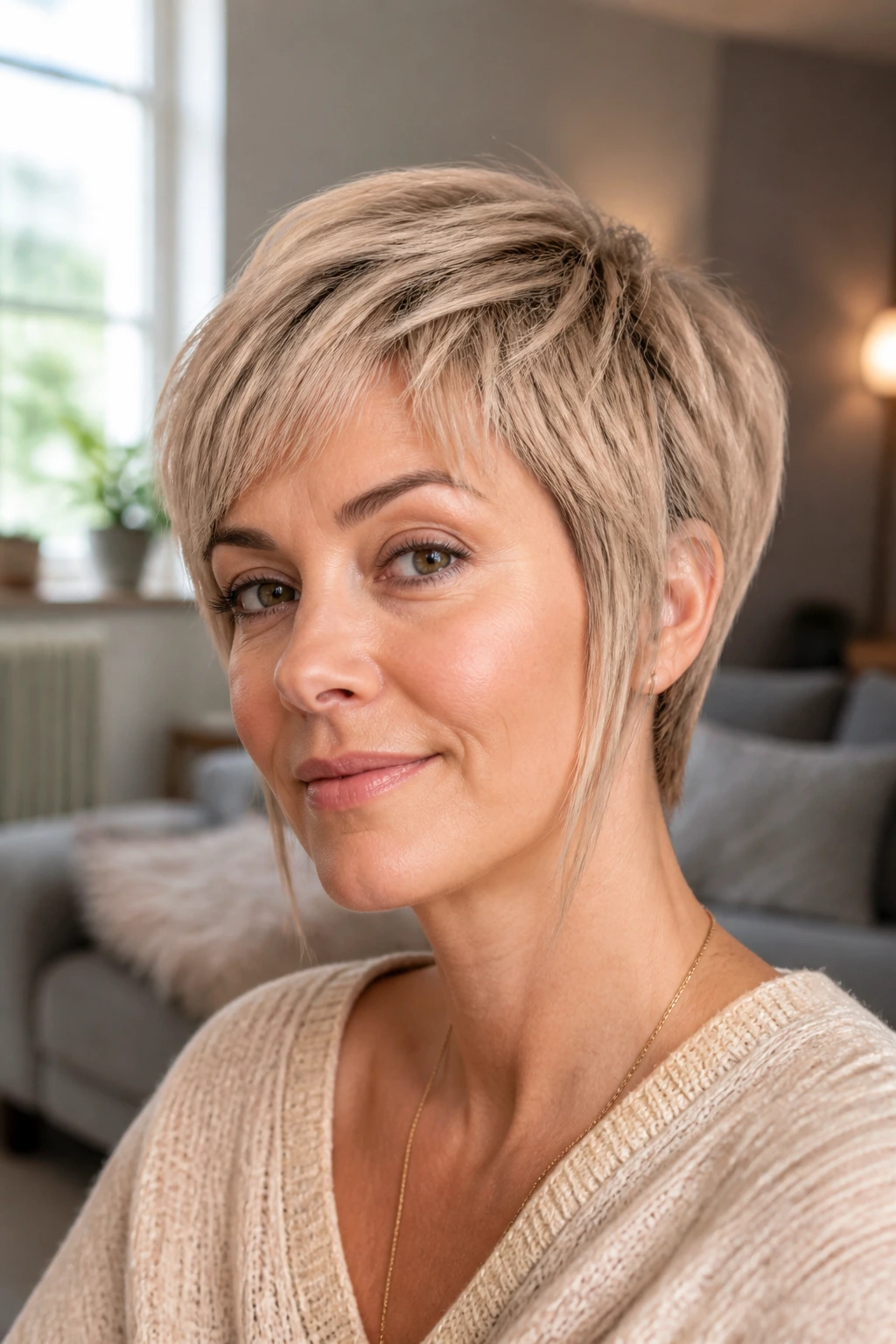 Real woman with soft beige pixie and long sideburns near window