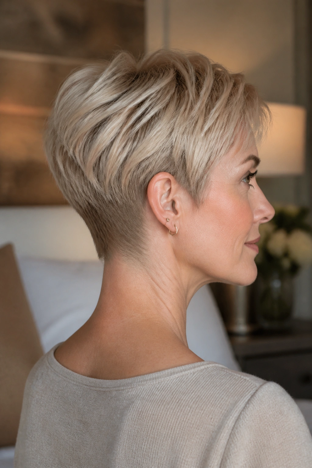 Close-up of a real woman with a soft beige pixie and tapered nape under natural window light