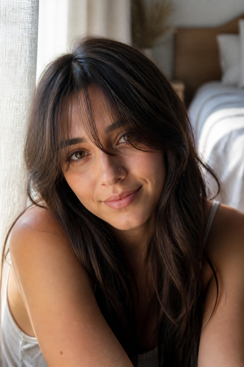 Close-up portrait of a real woman with long wispy bangs and soft bend.