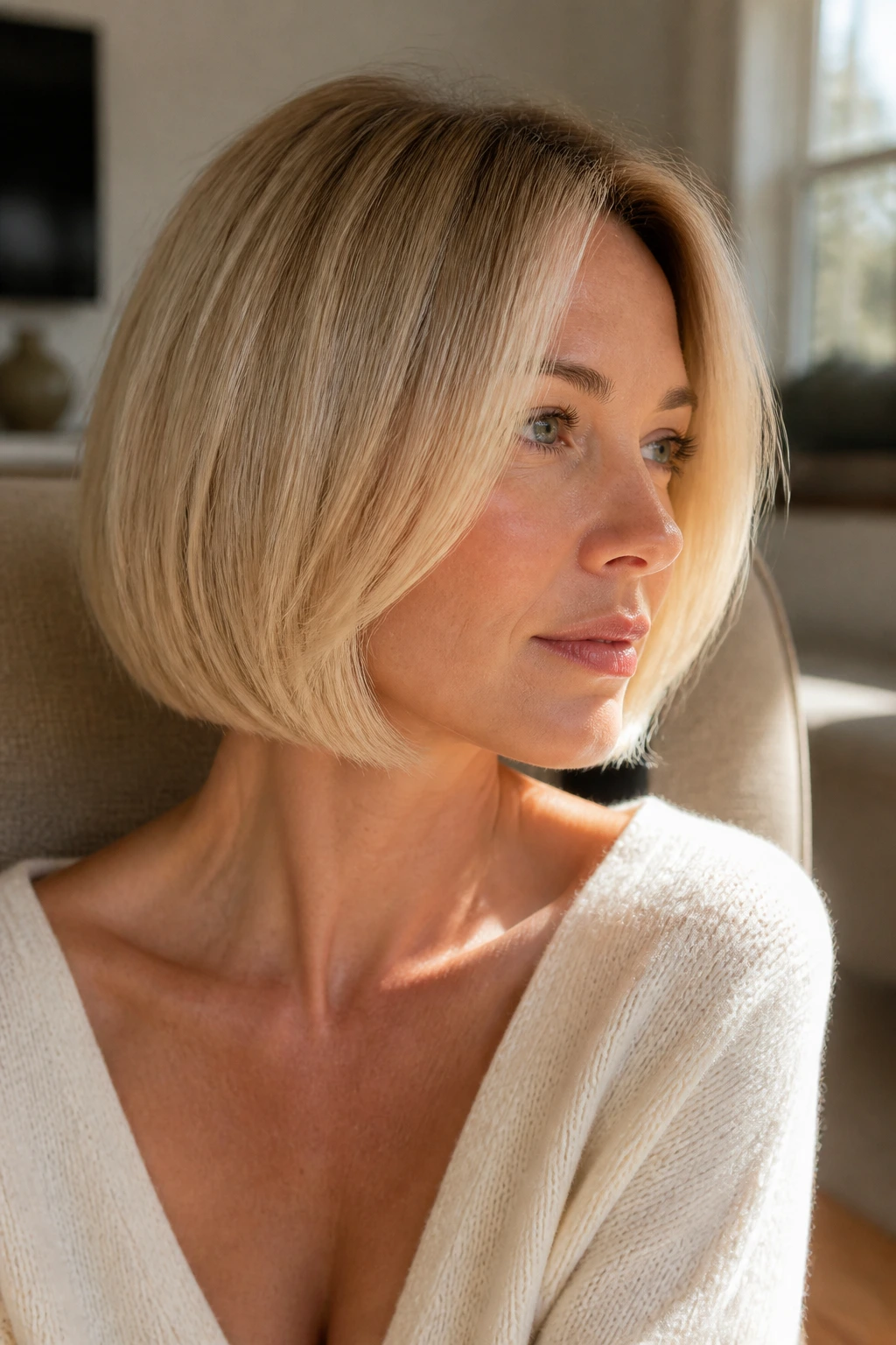 Real woman with a soft-bend tucked bob in sunlit living room